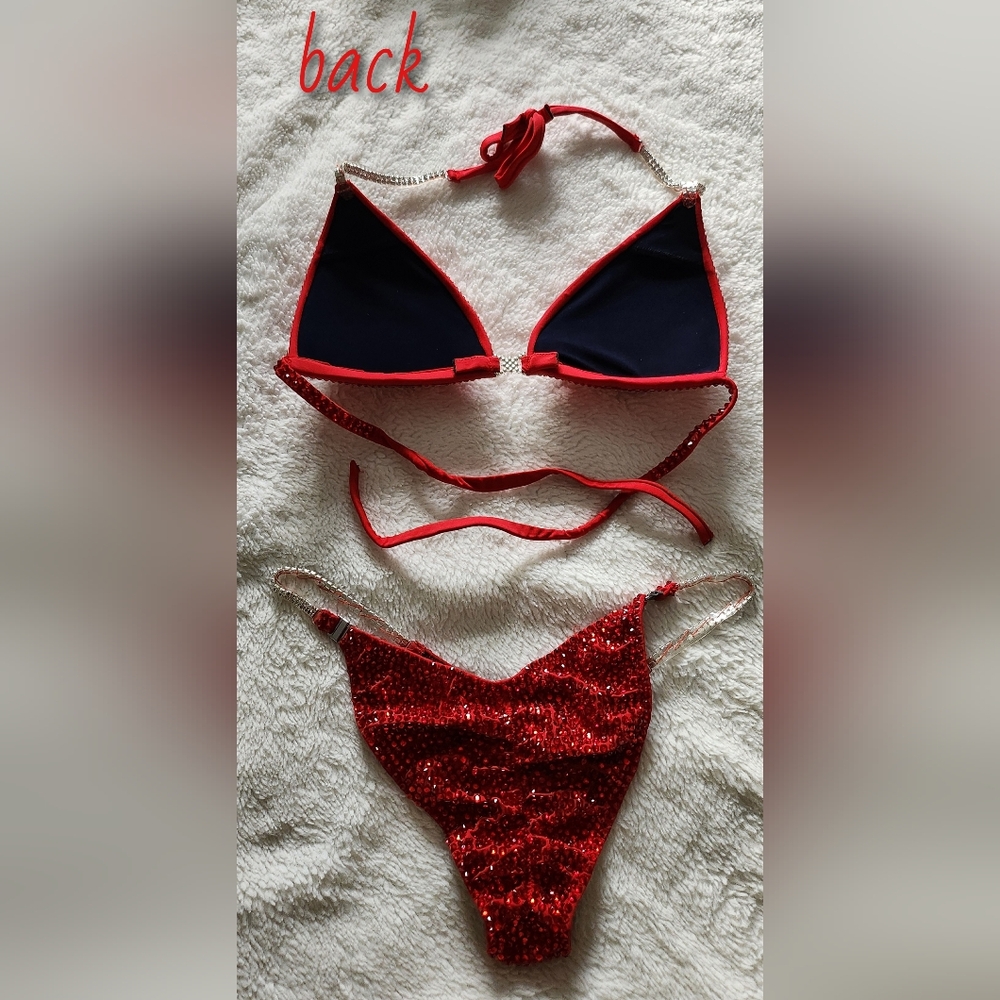 Red Crystal Embellished Bikini Set with Rhinestone Accents - Picture 3 of 8